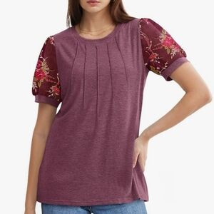 Soft Wine Shirt With Sheer Flowered Sleeves